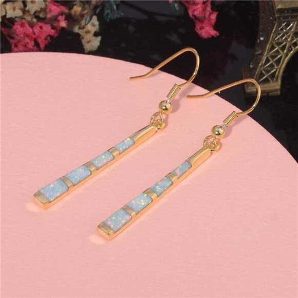 Dangle Earring-Opal Drop Earrings Silver Plated or Gold Plated Dangle - Picture 6 of 7